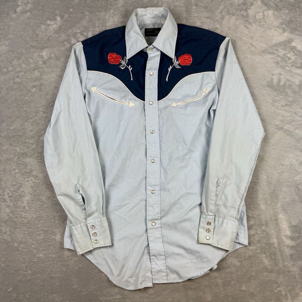 Vintage 1980s JCPenney Embroidered Rose Western Pearl Snap Shirt Blue S